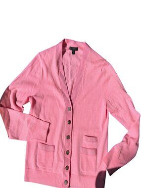 J. Crew neon pink silk grosgrain ribbon trim long cardigan sweater M